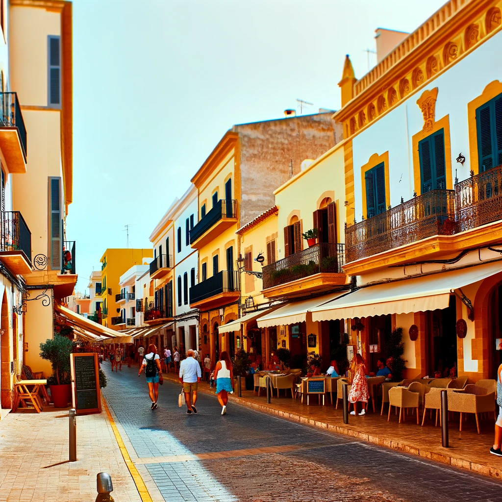 DALL·E 2024-04-17 10.56.04 – A picturesque street scene in Ciutadella, Menorca. The image features a vibrant street lined with traditional Menorcan buildings, bustling with touris