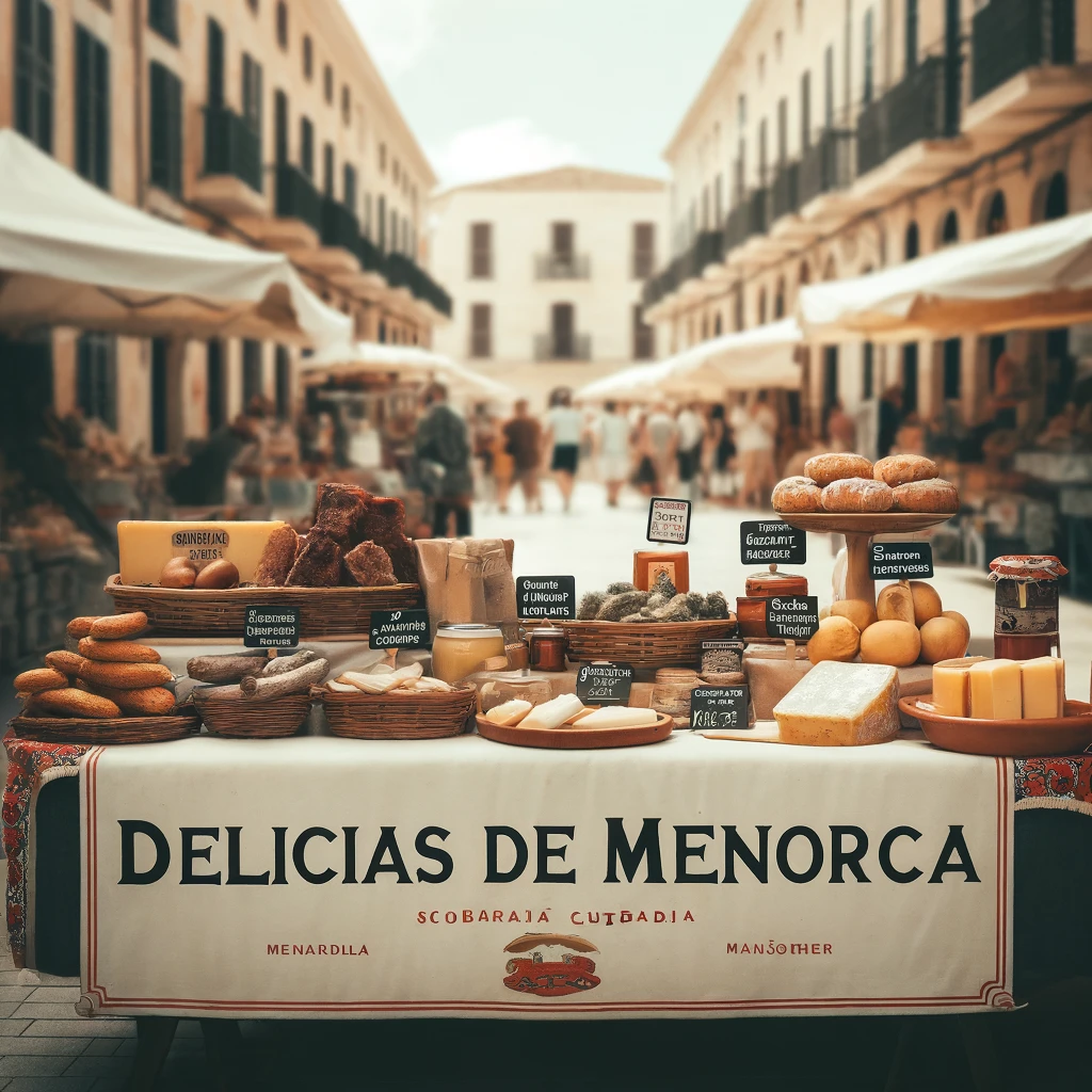 DALL·E 2024-04-17 11.11.09 – A focused market scene in Ciutadella, Menorca, highlighting a stall with traditional Menorcan food products_ Sobrasada, Mahón cheese, and Ensaimada. T
