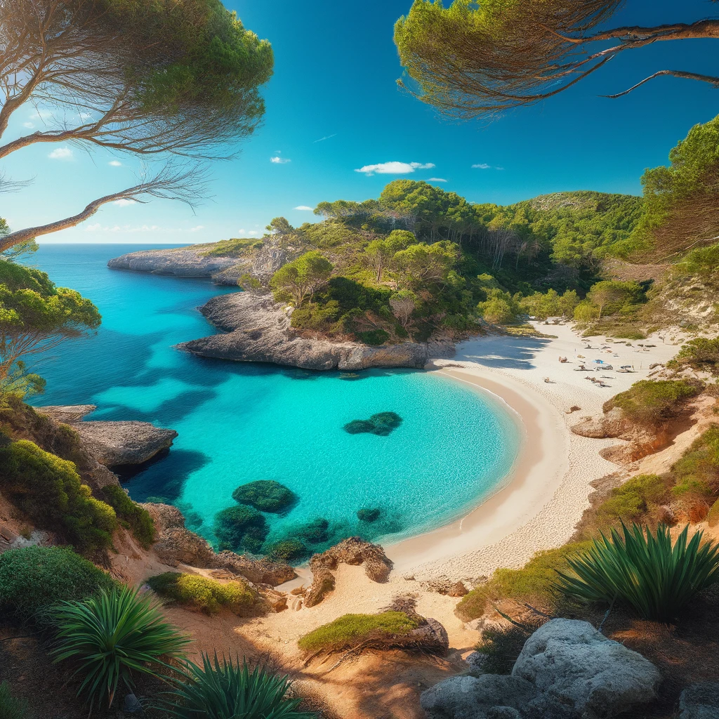 DALL·E 2024-04-17 14.28.30 – A stunning view of Cala’n Turqueta in Menorca, showcasing its famous turquoise waters and pristine white sandy beach. The cove is surrounded by lush g