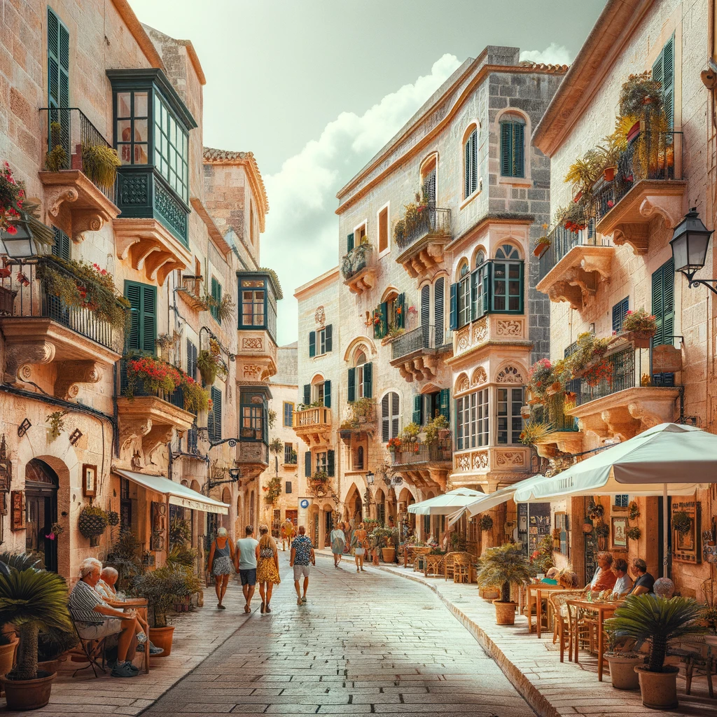 DALL·E 2024-04-17 14.34.05 – A picturesque scene of the old town of Ciutadella in Menorca, showcasing narrow cobblestone streets, historic limestone buildings with traditional Med